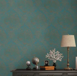 Vliestapete Damast Motiv Metallic Petrol Bronze 39112-4