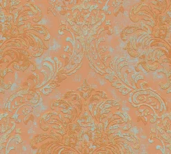 Vliestapete Damast Motiv Orange Grün Metallic 39112-1