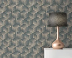 Vliestapete 3D-Optik Würfel Beige Blau Metallic 38506-3