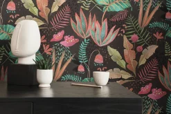 Vliestapete Dschungel Aquarell Schwarz Rosa Grün 39348-1