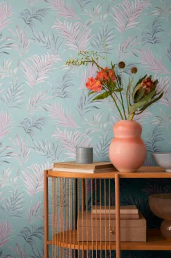 Vliestapete Dschungel Blätter Blau Rosa Glanz 79108-2