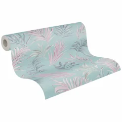 Vliestapete Dschungel Blätter Blau Rosa Glanz 79108-2