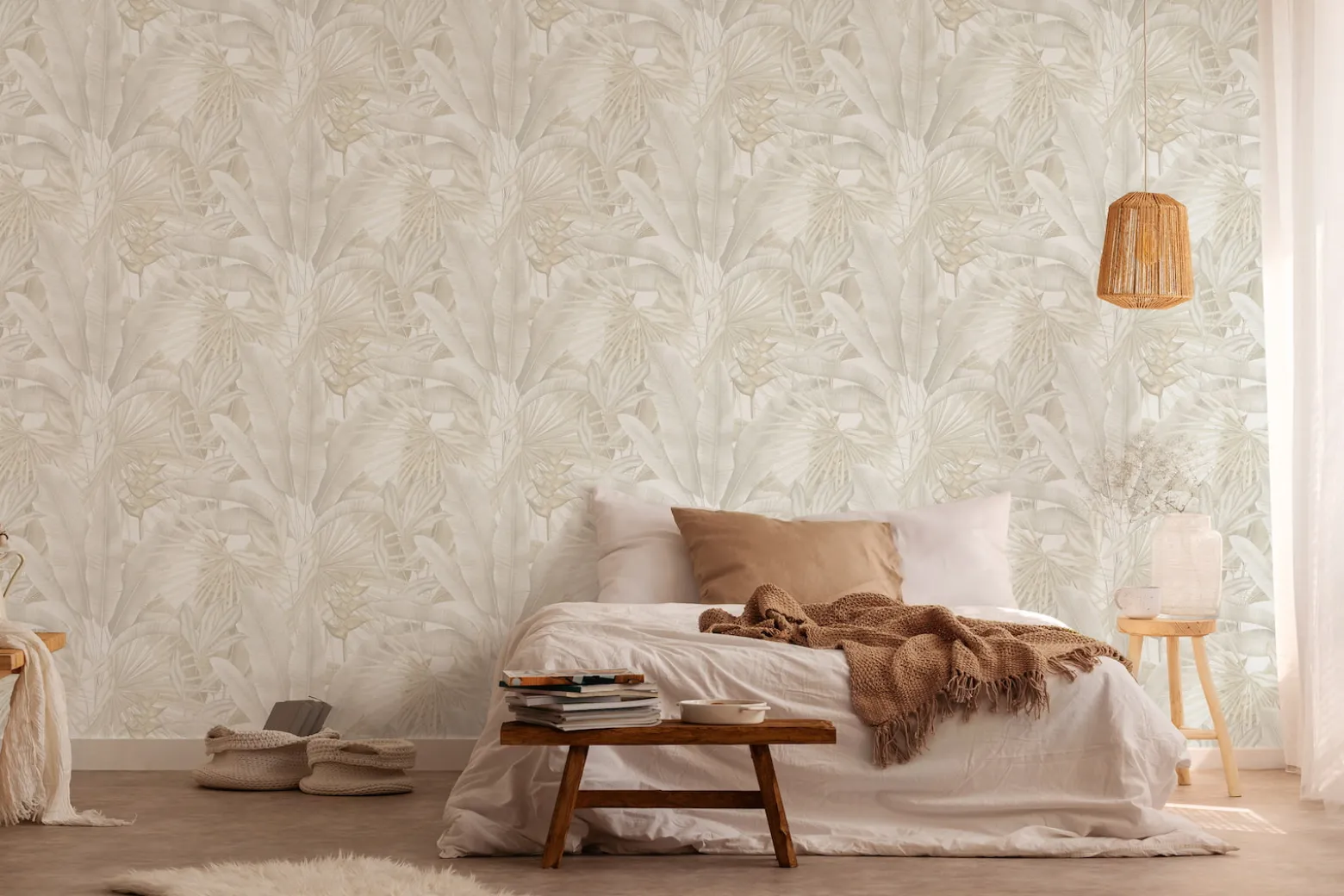 Vliestapete Dschungel Blätter Beige Weiß 39647-4