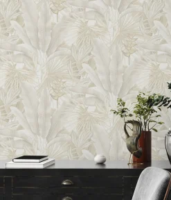 Vliestapete Dschungel Blätter Beige Weiß 39647-4