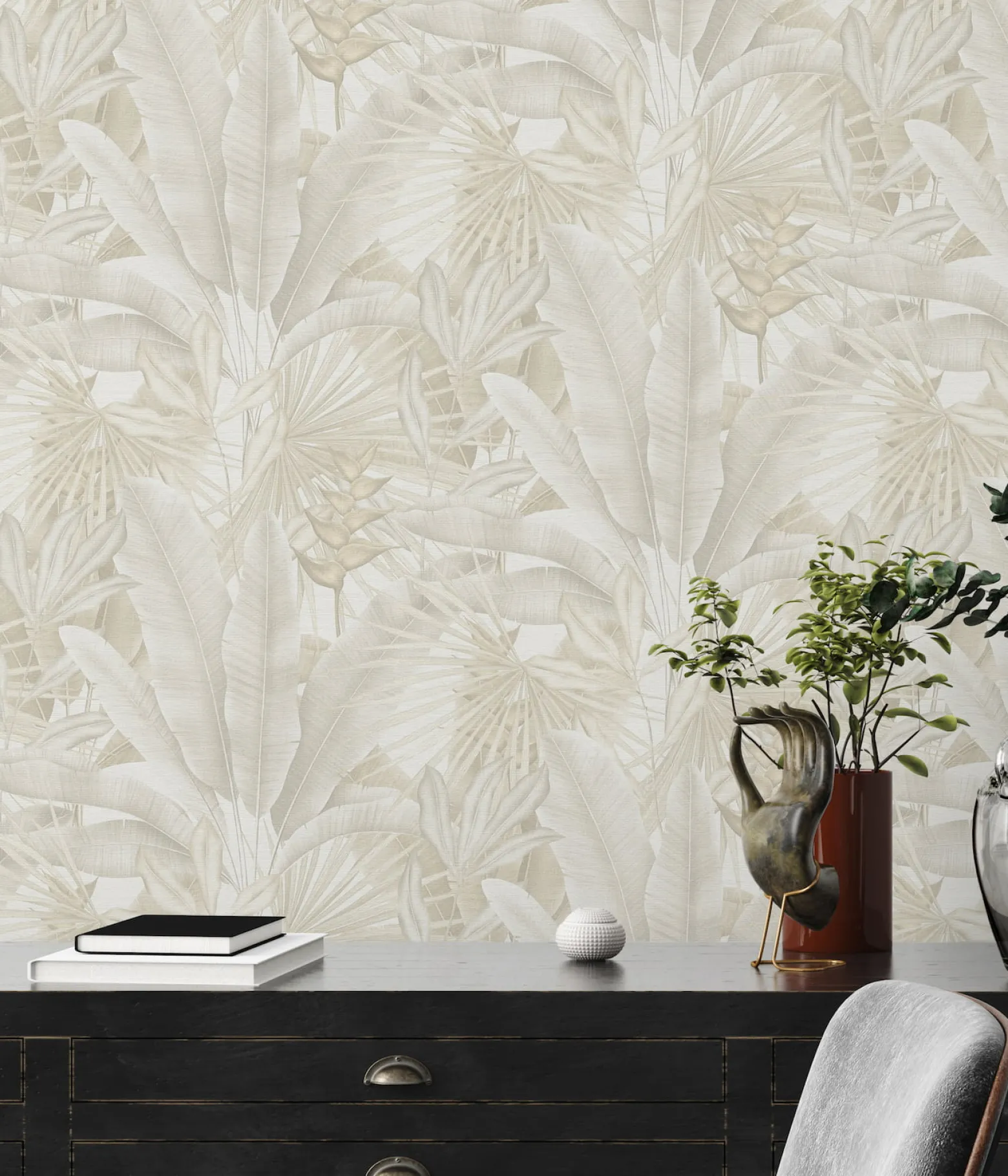 Vliestapete Dschungel Blätter Beige Weiß 39647-4