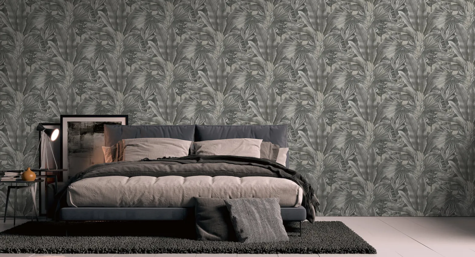 Vliestapete Dschungel Blätter Grau Beige 39647-3