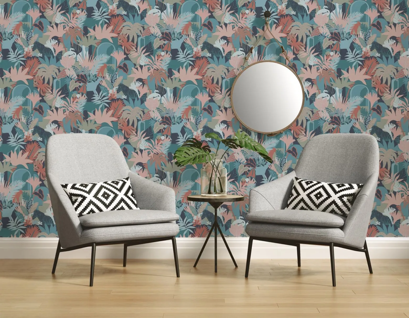 Vliestapete Dschungel Motiv Blau Rosa Grün 39096-3