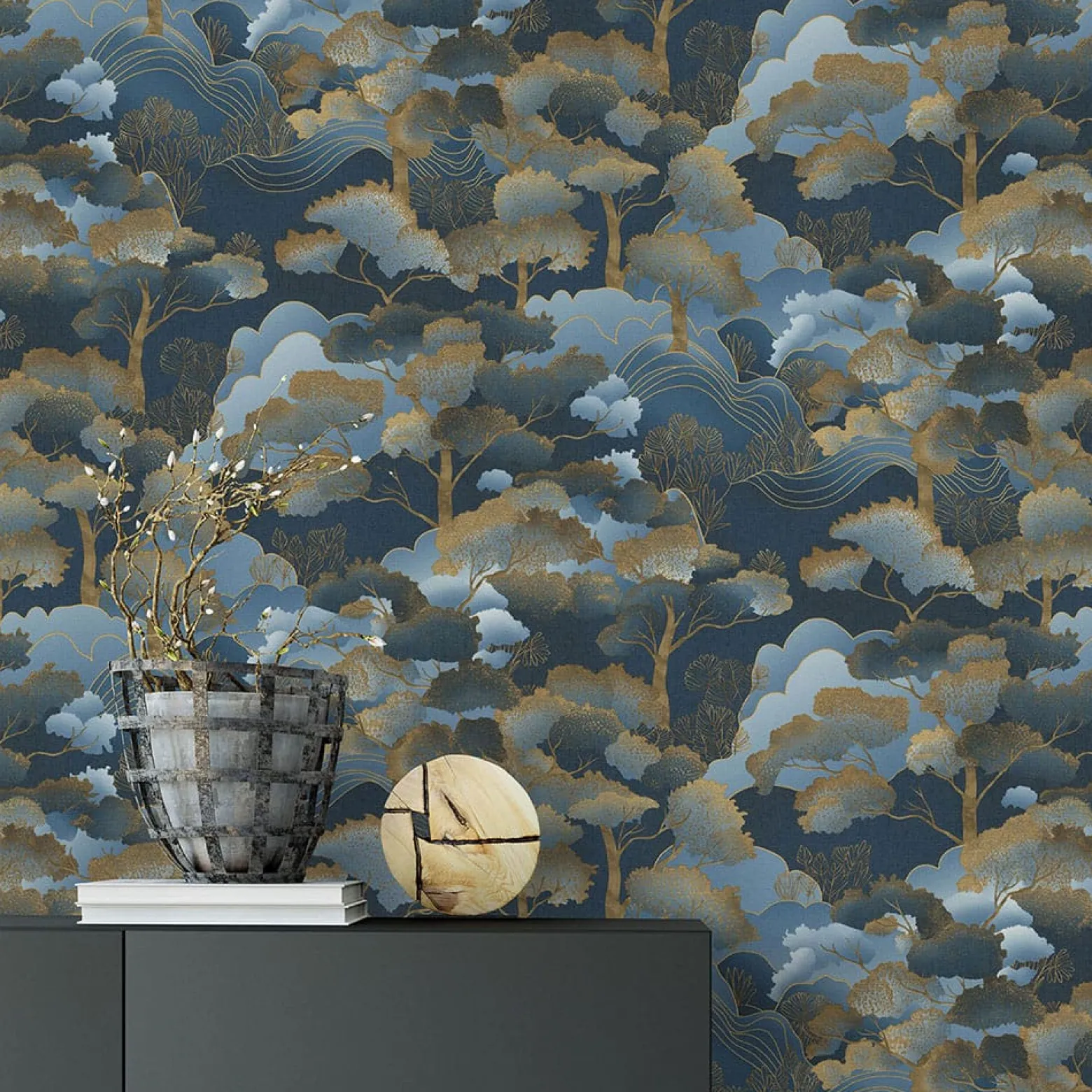Vliestapete Elle Wald Blau Gold Metallic 10448-08