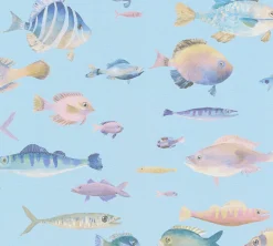 Vliestapete Fische Aquarell Blau Türkis Rosa 39696-2