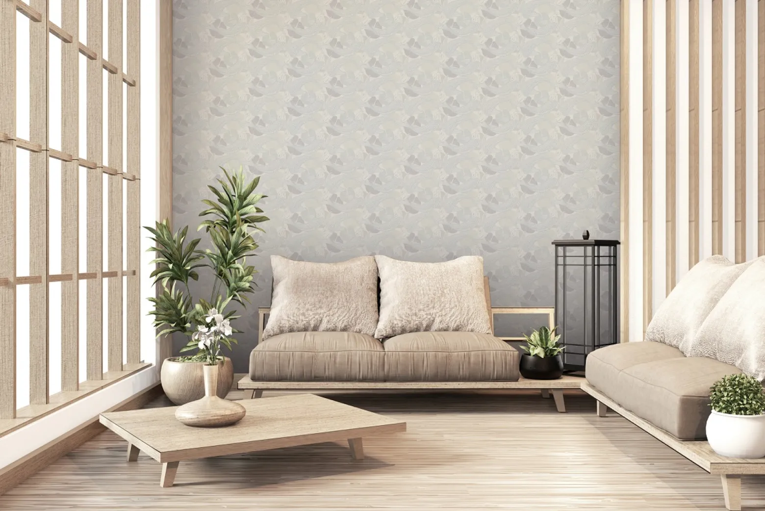 Vliestapete Fische Blätter beige grau Metallic 37859-6