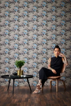 Vliestapete Fische Blätter blau kupfer Metallic 37859-4