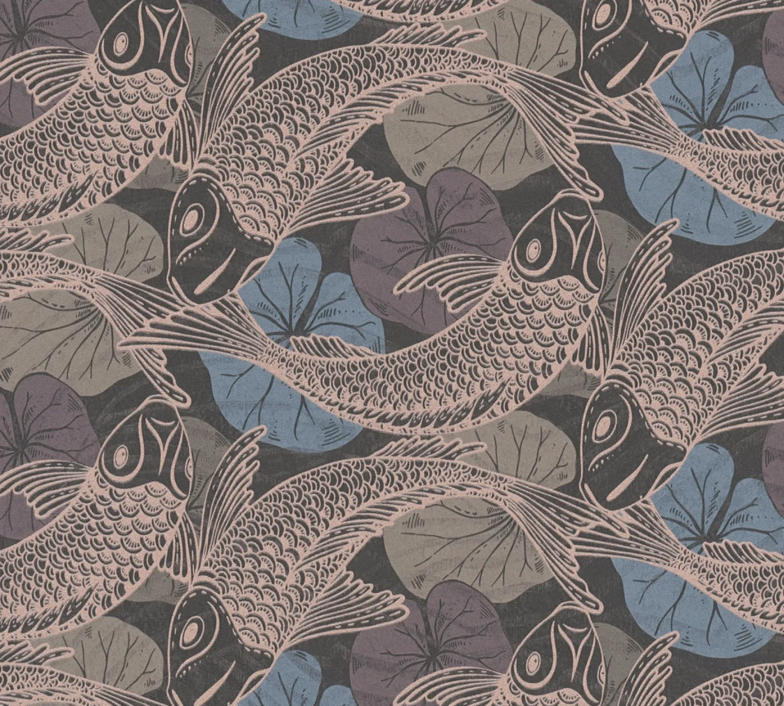 Vliestapete Fische Blätter blau kupfer Metallic 37859-4