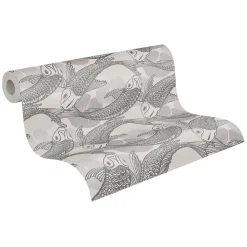 Vliestapete Fische Blätter grau silber Metallic 37859-1