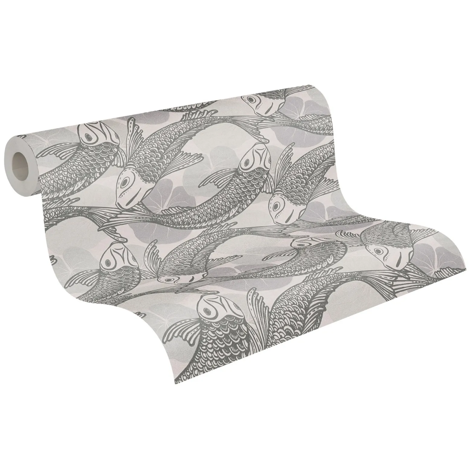 Vliestapete Fische Blätter grau silber Metallic 37859-1