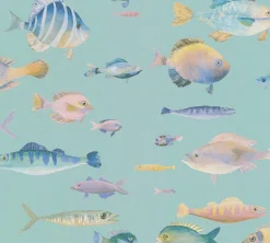 Vliestapete Fische Türkis Blau Rosa 39696-3