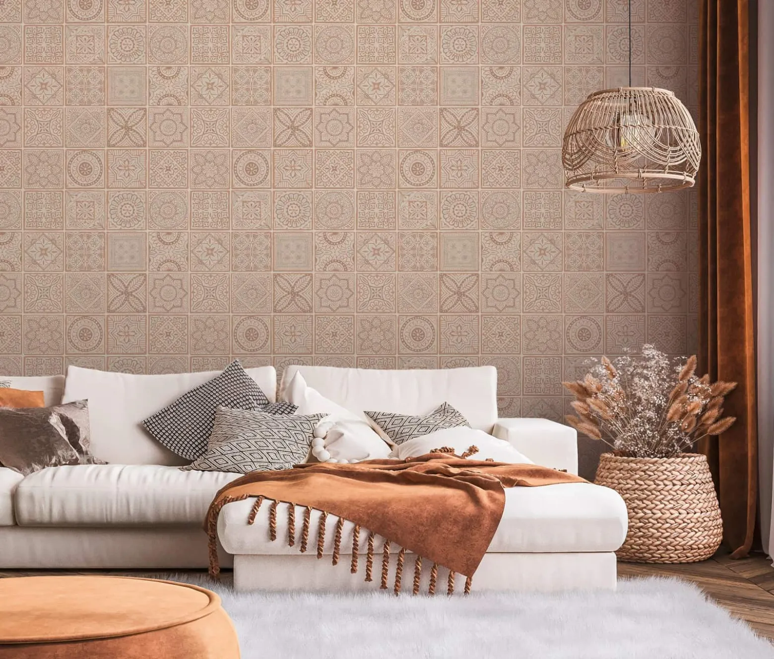 Vliestapete Fliesen Floral Orange Creme Glitzer 38921-3