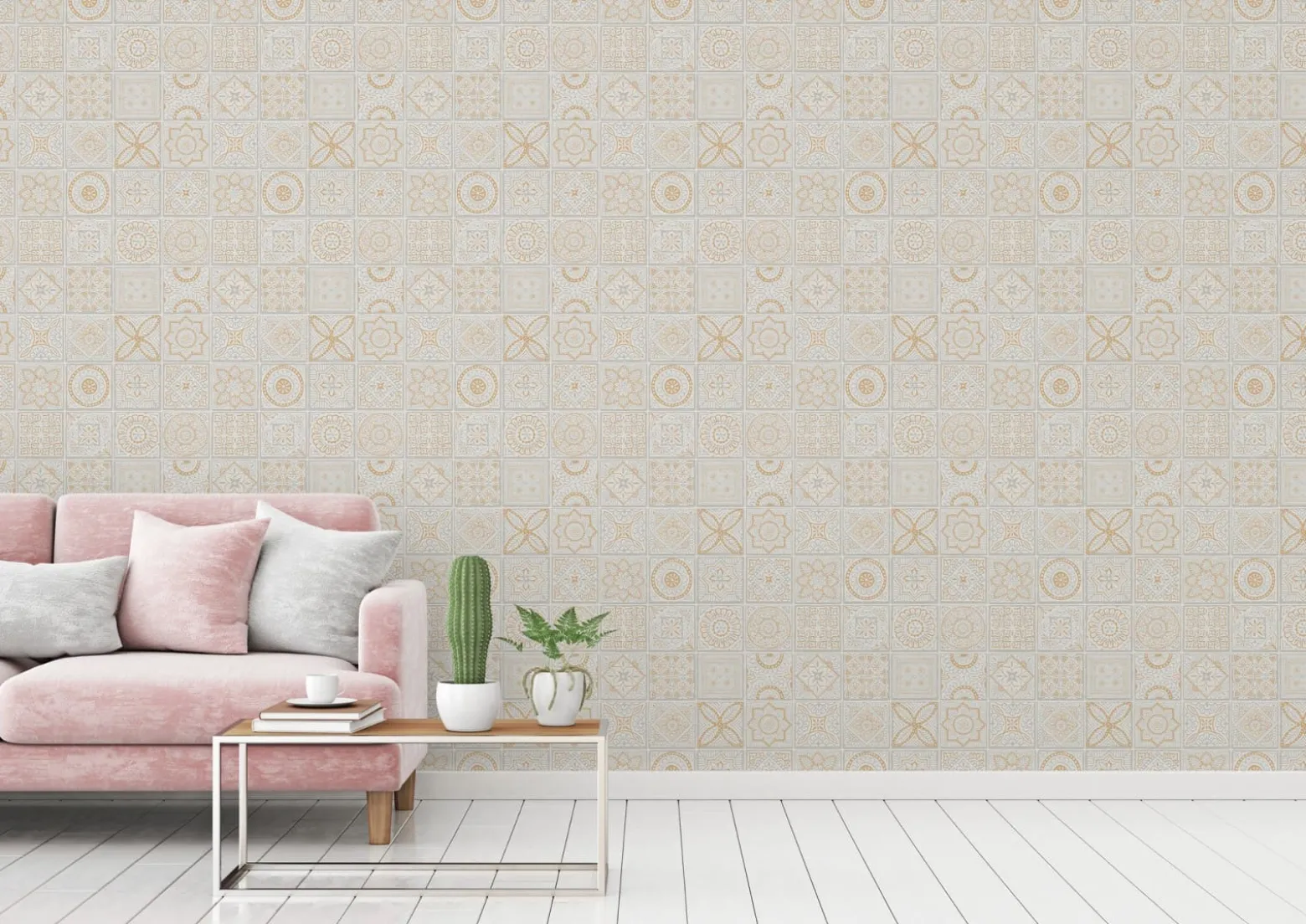 Vliestapete Fliesen Floral Weiß Grau Glitzer 38921-1
