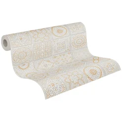 Vliestapete Fliesen Floral Weiß Grau Glitzer 38921-1
