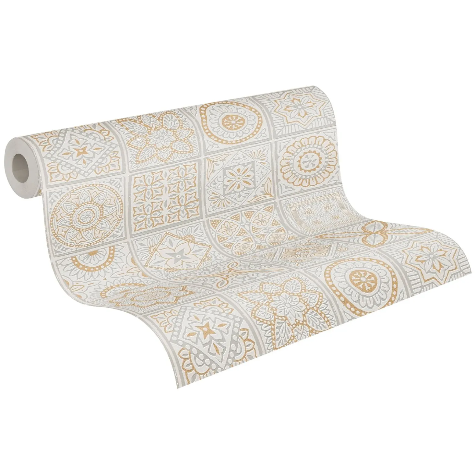 Vliestapete Fliesen Floral Weiß Grau Glitzer 38921-1