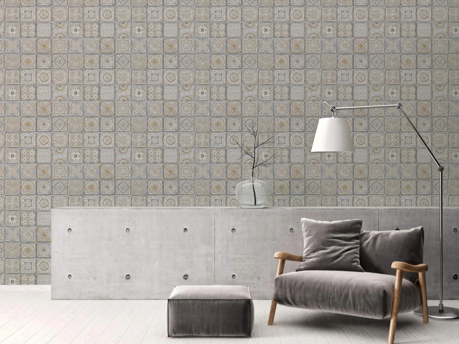 Vliestapete Fliesen Floral Weiß Grau Glitzer 38921-2