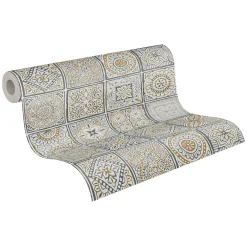 Vliestapete Fliesen Floral Weiß Grau Glitzer 38921-2