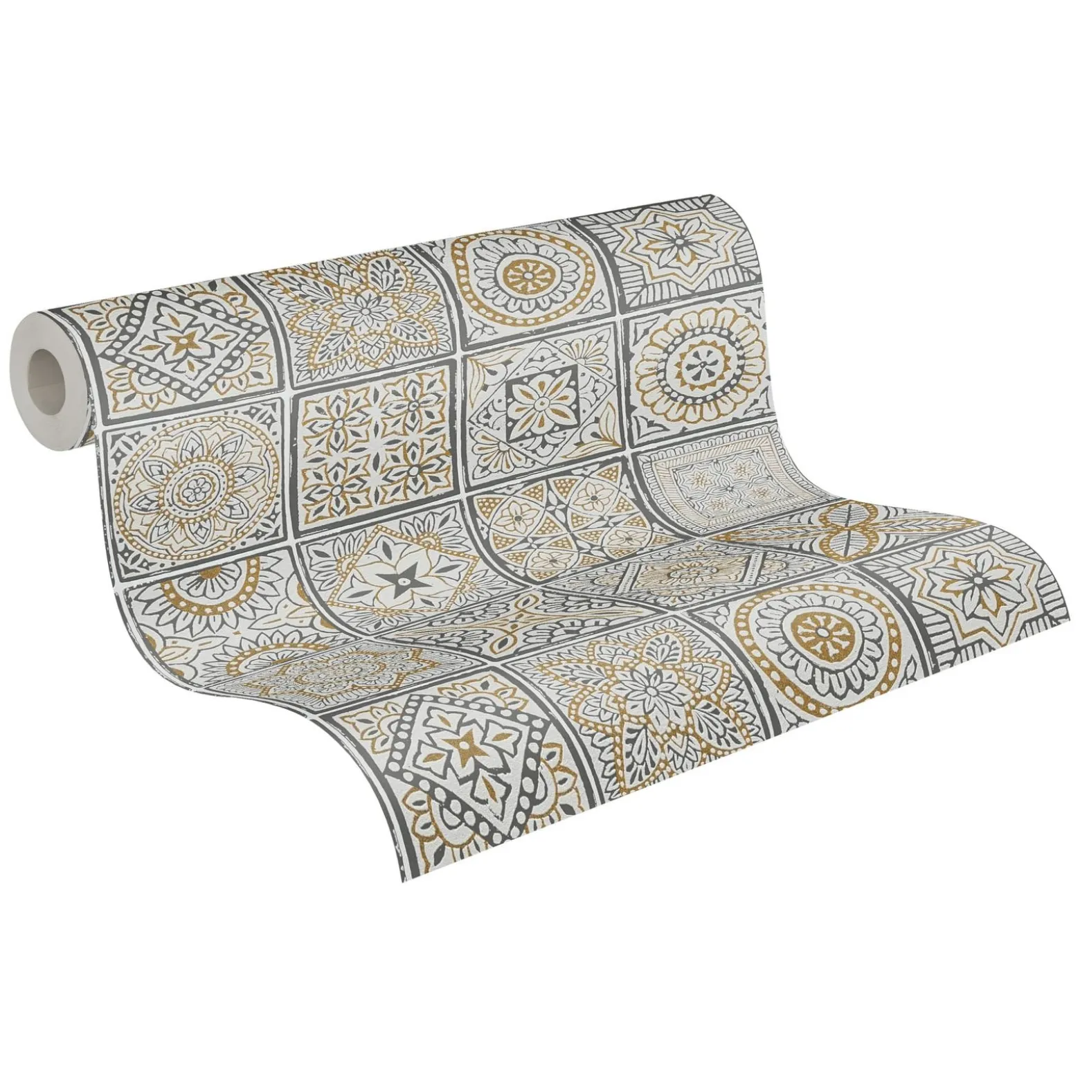 Vliestapete Fliesen Floral Weiß Grau Glitzer 38921-2