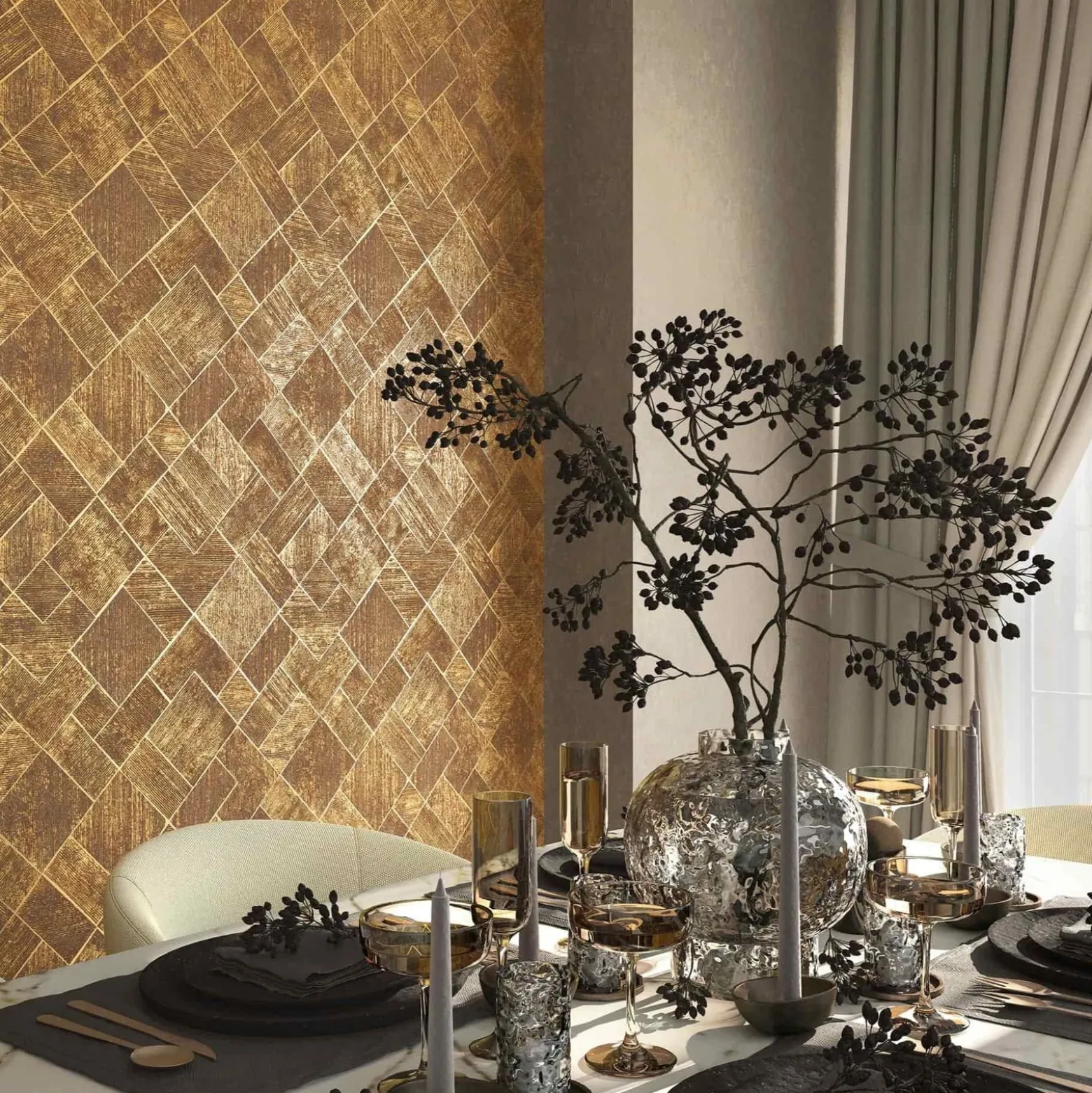 Vliestapete Fliesen Grafisch Gold Metallic 35513