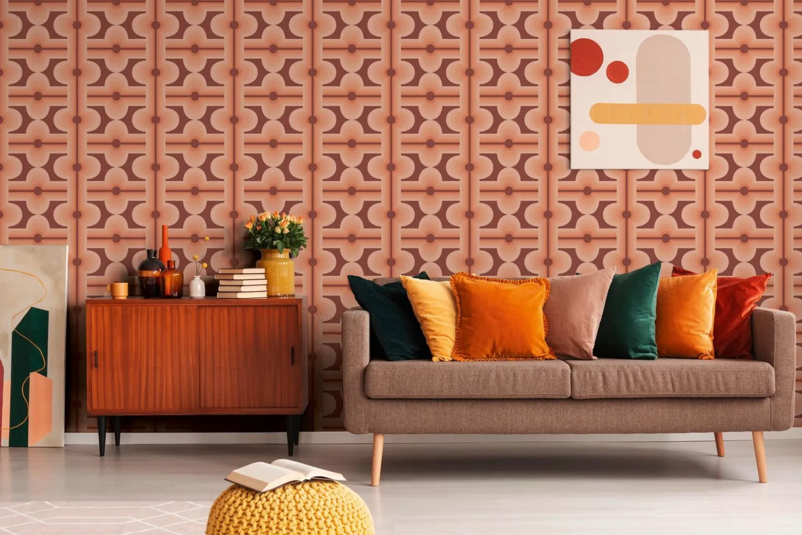 Vliestapete Fliesen Retro Rot Apricot Creme 39533-2
