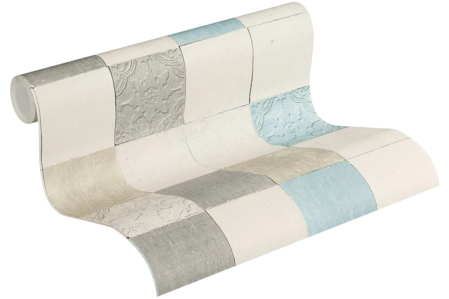 Vliestapete Fliesenspiegel grauweiß beige blau 37406-1