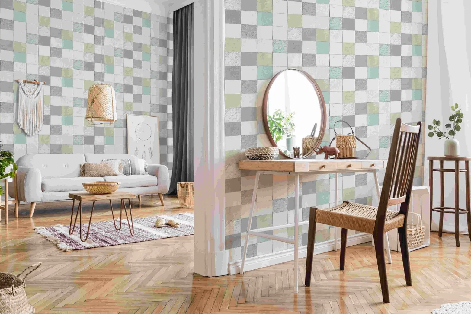 Vliestapete Fliesenspiegel grauweiß beige blau 37406-1