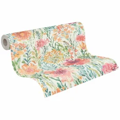 Vliestapete Floral Abstrakt Weiß Grün Orange 39695-1