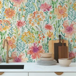 Vliestapete Floral Abstrakt Weiß Grün Orange 39695-1