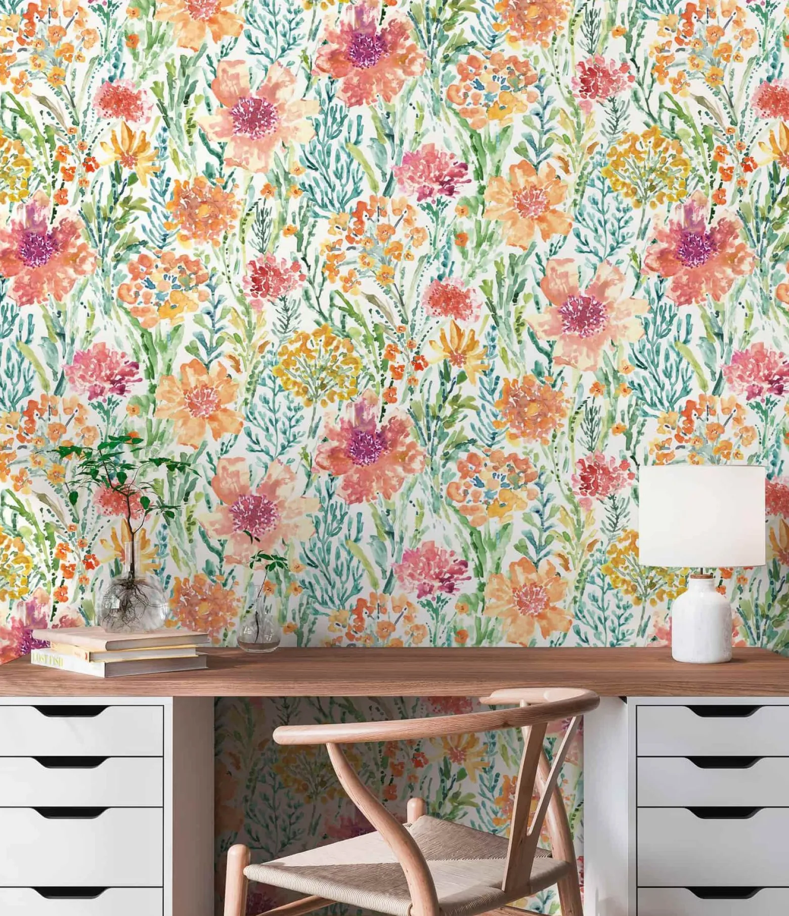 Vliestapete Floral Abstrakt Weiß Grün Orange 39695-1