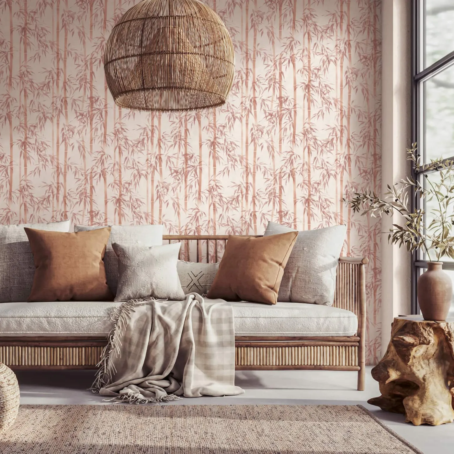 Vliestapete Floral Bambus Blätter Rosa Orange 81670