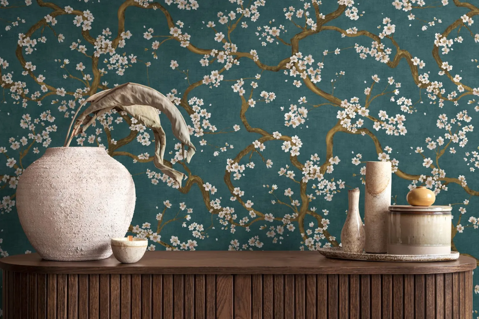 Vliestapete Floral Blütenzweig Blau Gold Metallic 78199-4