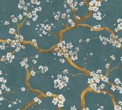 Vliestapete Floral Blütenzweig Blau Gold Metallic 78199-4