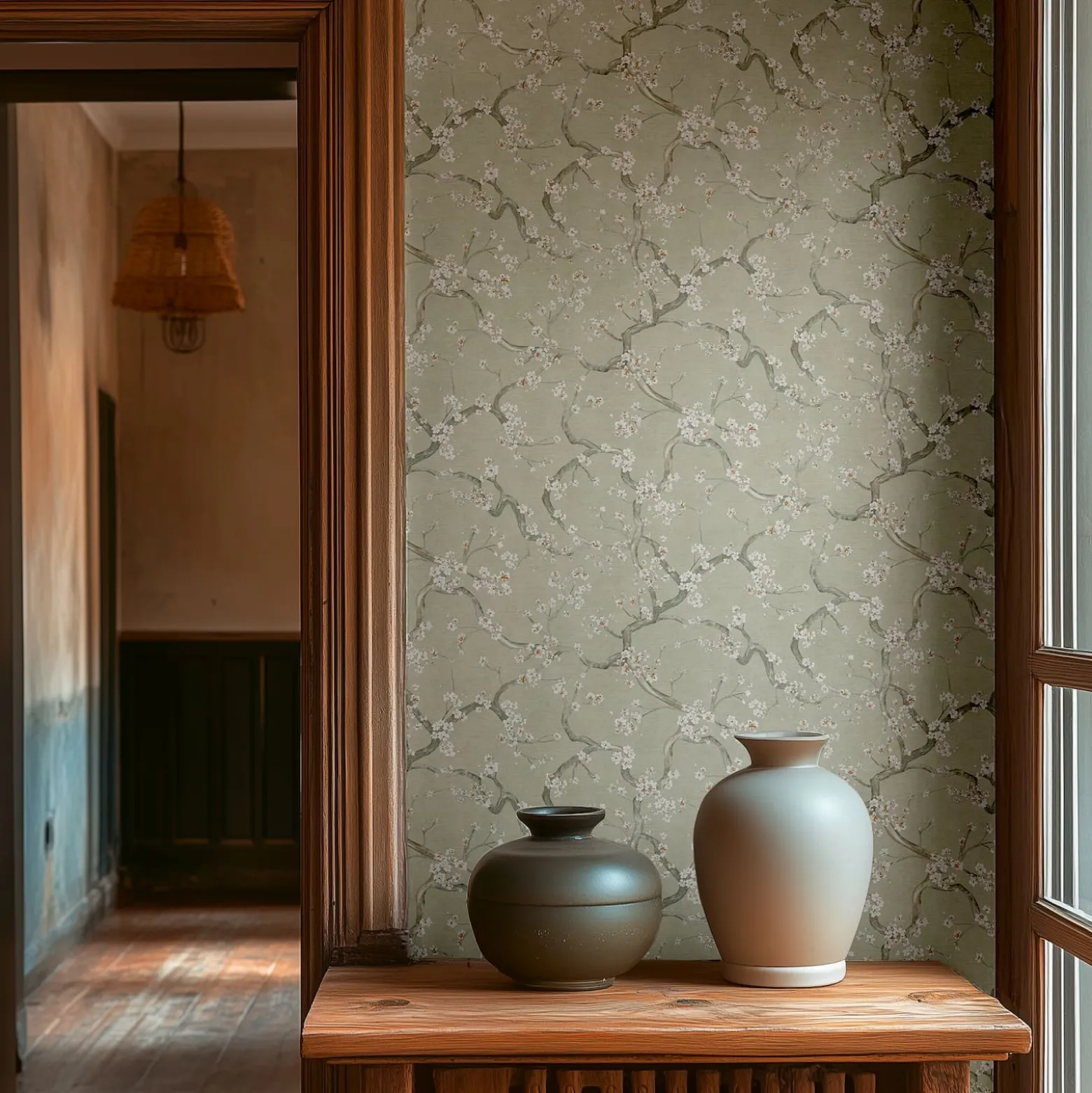 Vliestapete Floral Blütenzweig Grün Grau Weiß 78199-1