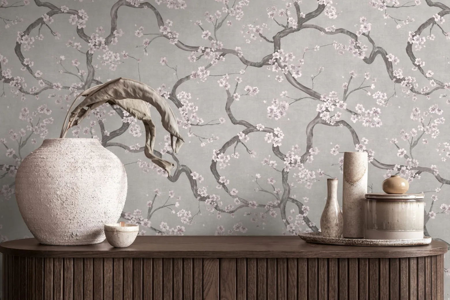 Vliestapete Floral Blütenzweig Grau Silber Metallic 78199-3