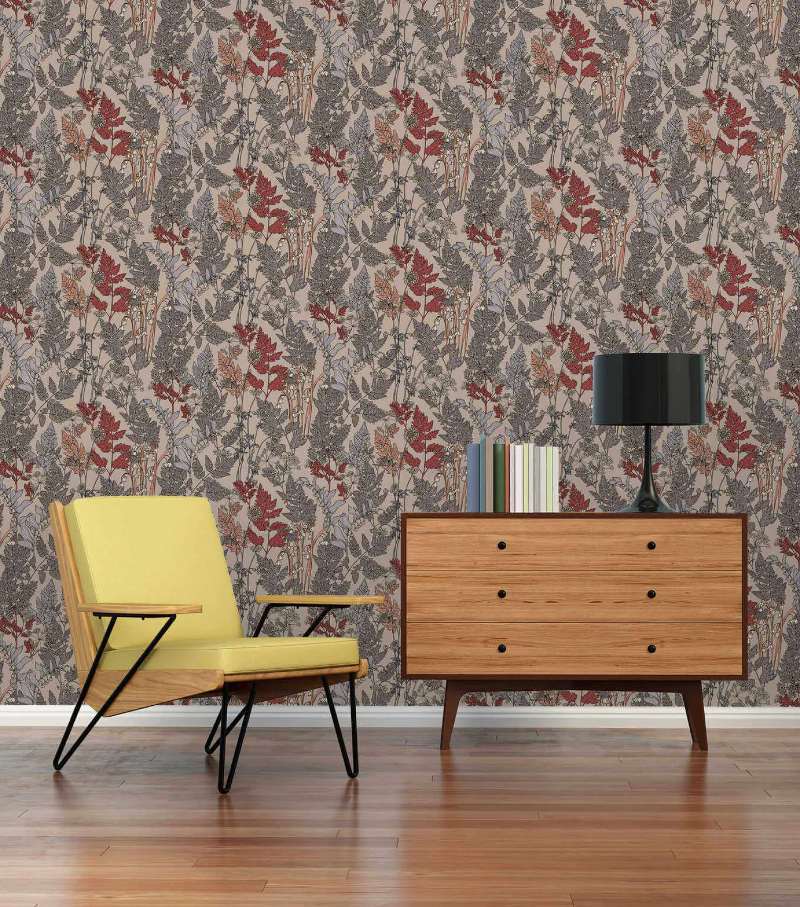 Vliestapete Floral Blätter beige rot grau 37751-2
