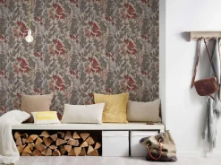 Vliestapete Floral Blätter beige rot grau 37751-2