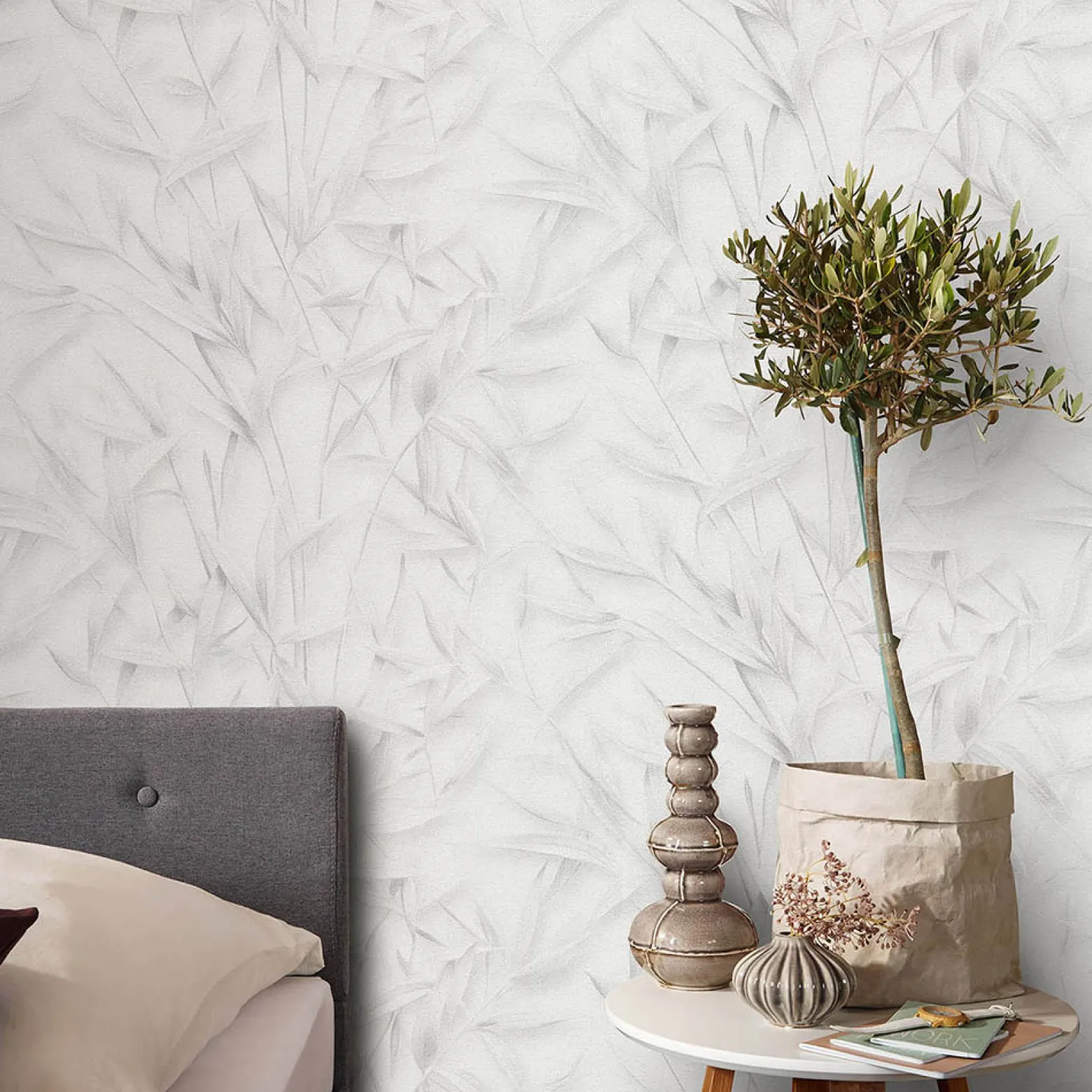 Vliestapete Floral Blätter Creme Grau Glitzer 10587-31