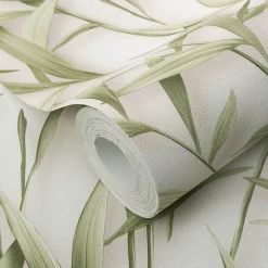 Vliestapete Floral Blätter Creme Grün Glitzer 10587-07