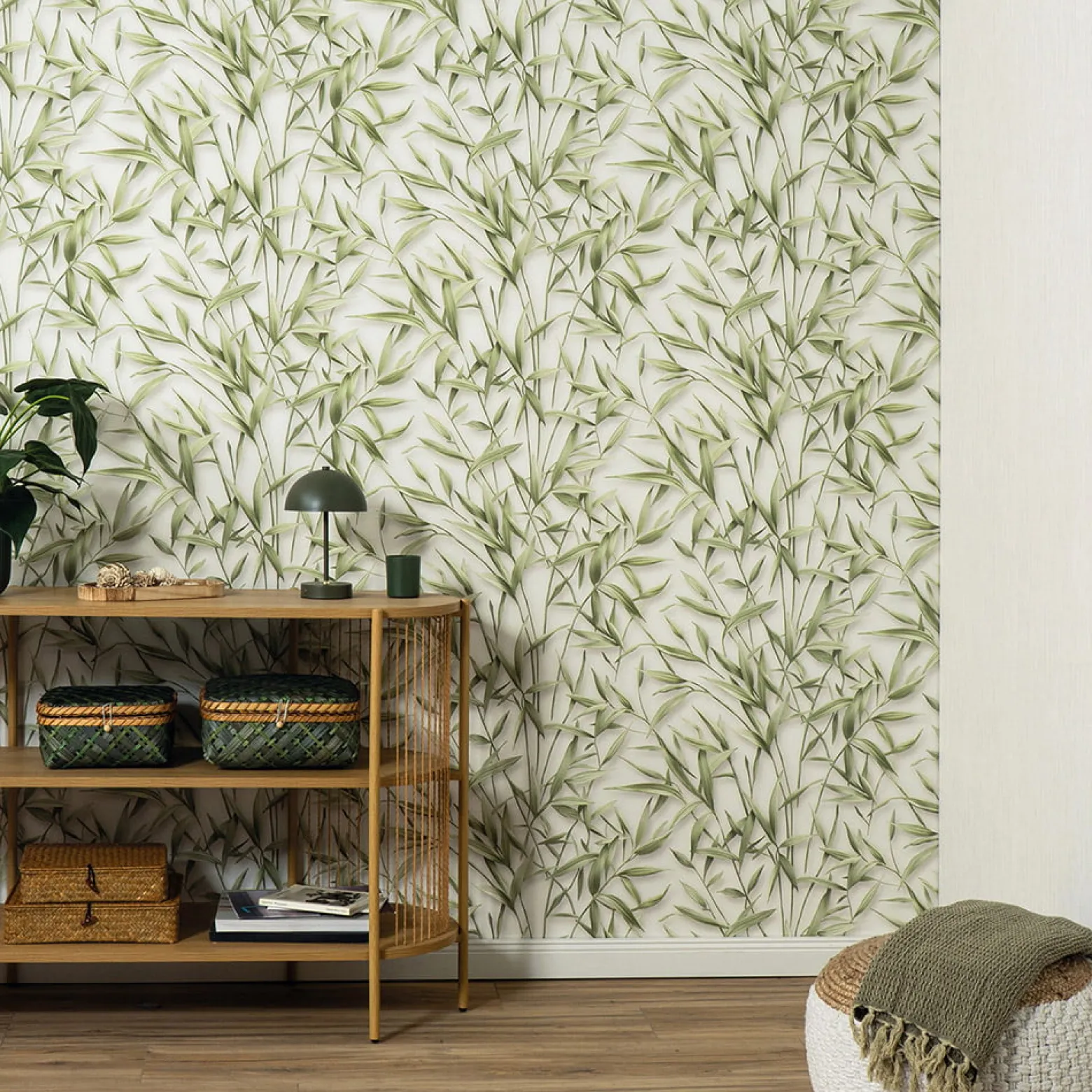 Vliestapete Floral Blätter Creme Grün Glitzer 10587-07