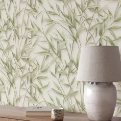 Vliestapete Floral Blätter Creme Grün Glitzer 10587-07