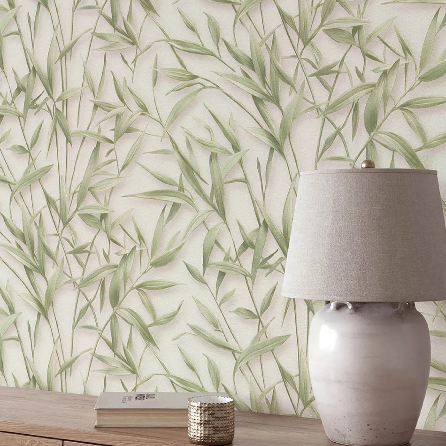 Vliestapete Floral Blätter Creme Grün Glitzer 10587-07
