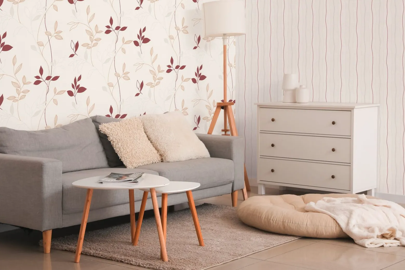 Vliestapete Floral Blätter Cremeweiß Beige Rot 2497-39