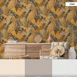 Vliestapete Floral Blätter gelb braun blau 37860-1