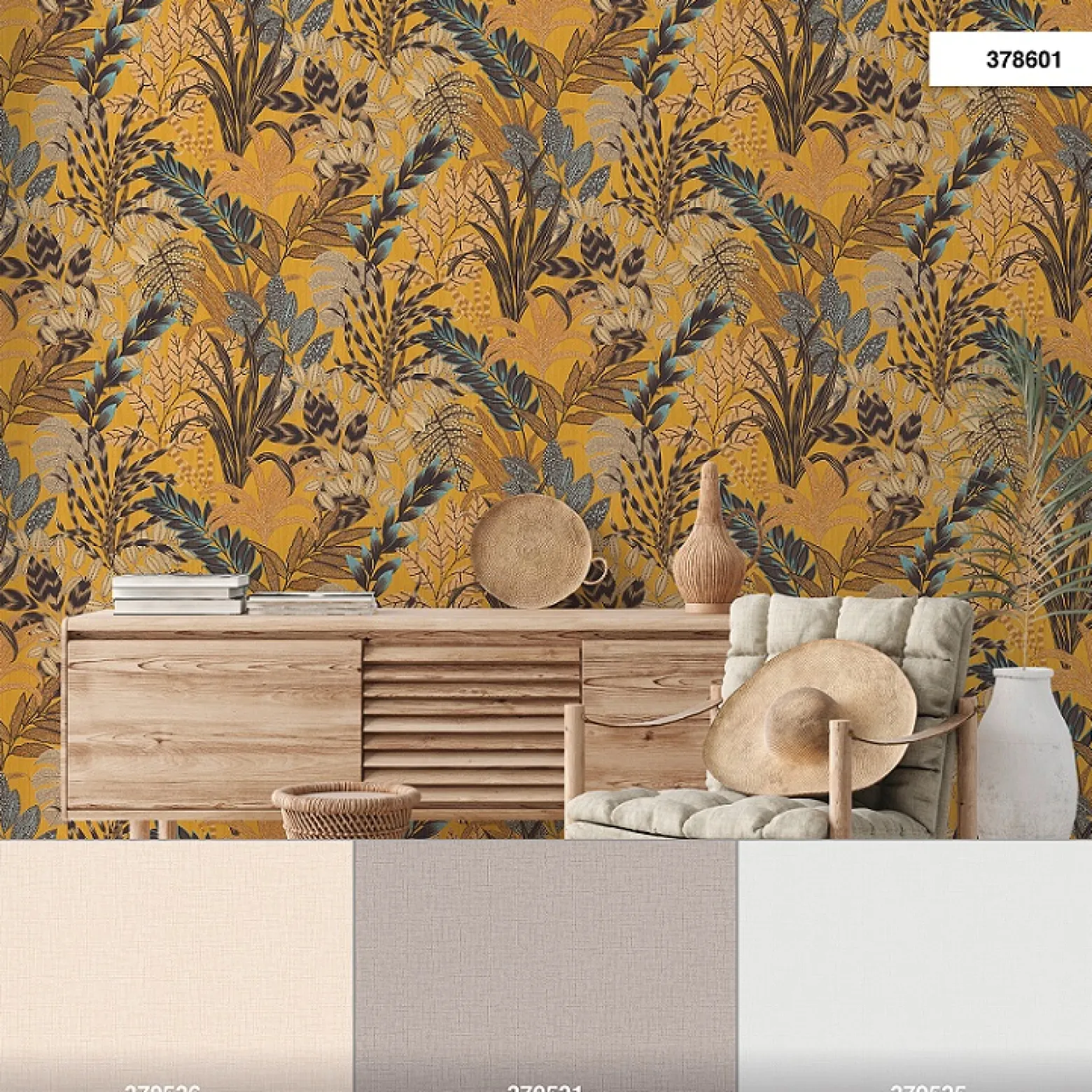 Vliestapete Floral Blätter gelb braun blau 37860-1