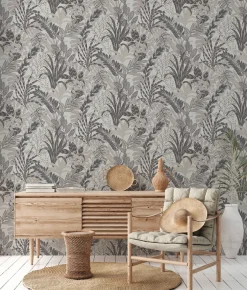 Vliestapete Floral Blätter grau weiß 37860-4