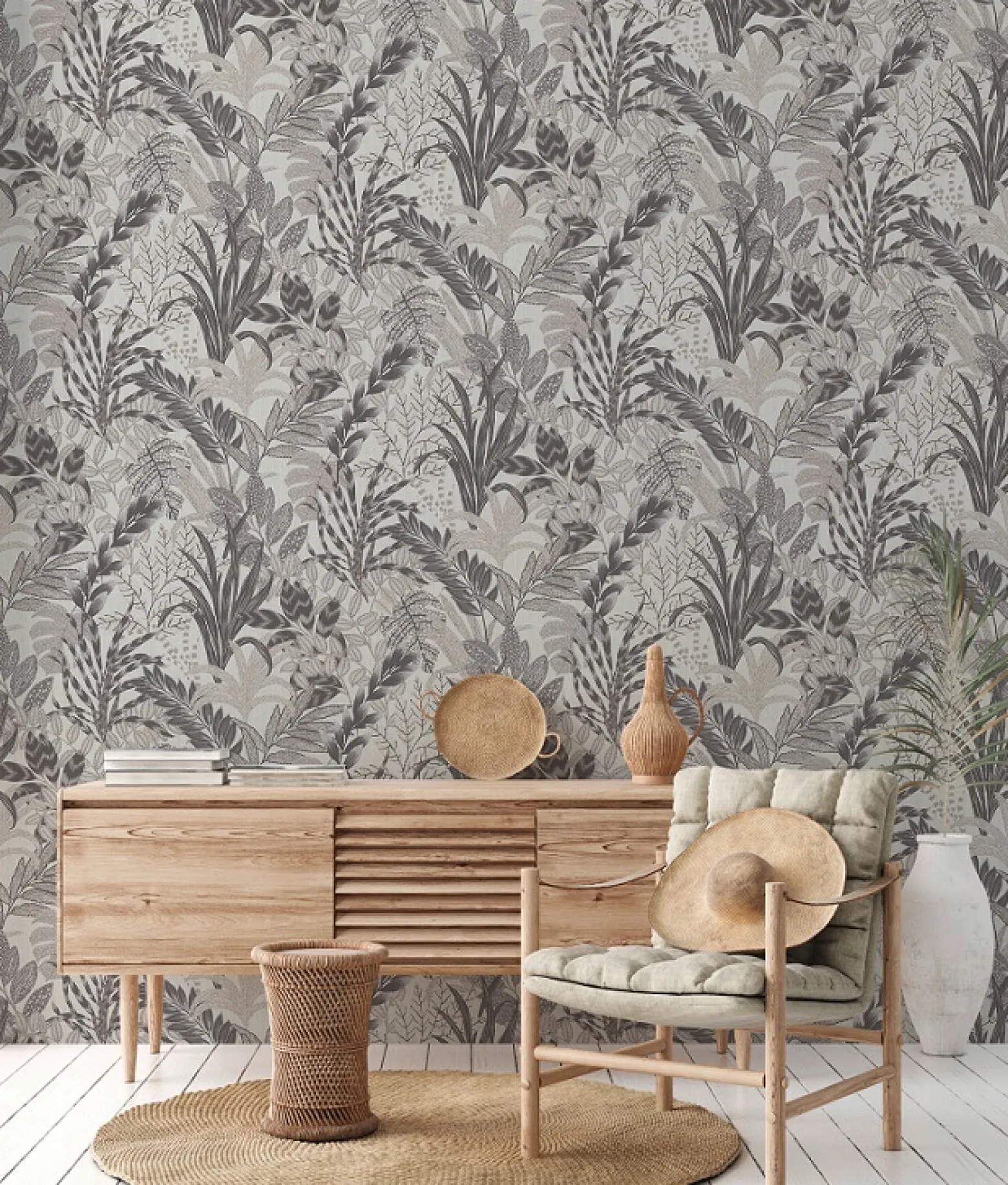 Vliestapete Floral Blätter grau weiß 37860-4
